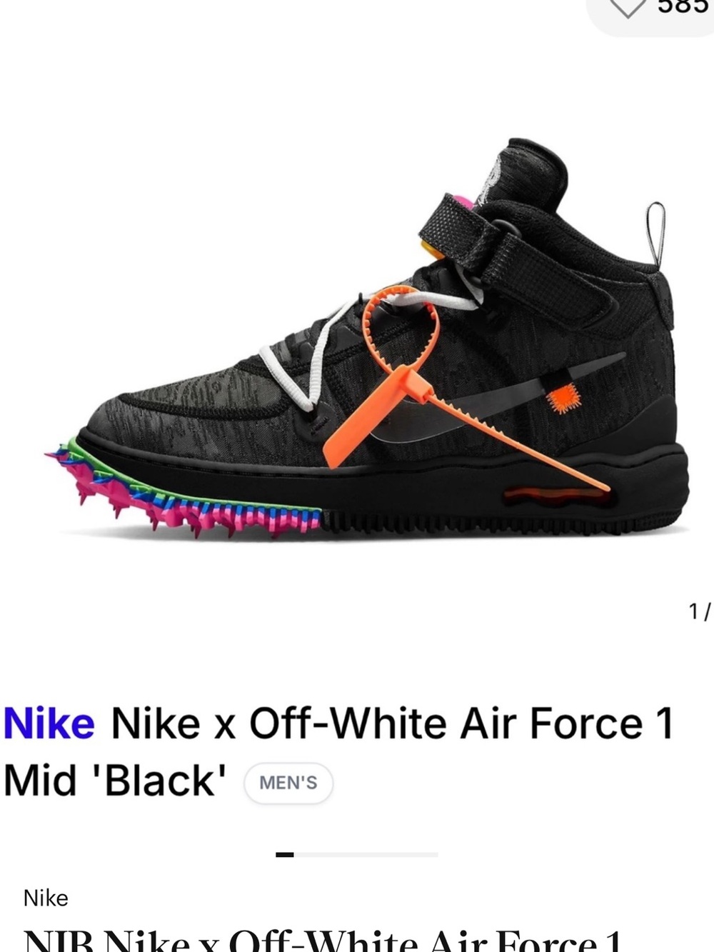 NIB Off-White Nike Air Force 1 Mid Black with Neon Accents size 8 men 9.5 women